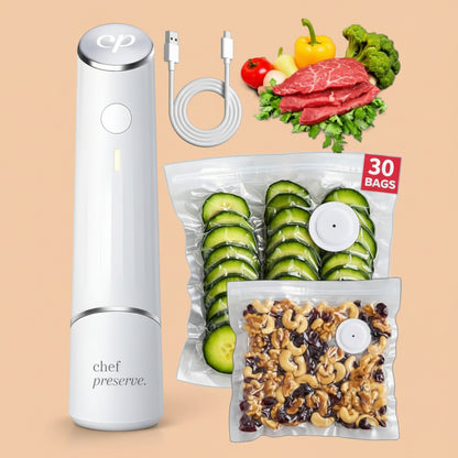 Chef Preserve Compact Vacuum Sealer for Food (Vacuum Sealer Machine + 30 Reusable Vacuum Bags) Powerful Handheld Vacuum Sealer Machine, Seal Meal Saver, Portable Food Sealer|B0D3ZBFMW6