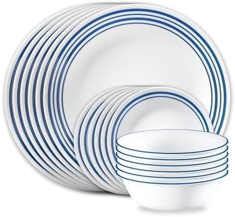 Corelle Vitrelle 18-Piece Service for 6 Dinnerware Set Triple Layer Glass and Chip Resistant, Lightweight Round Plates and Bowls Set, Winter Frost White|B00R790CLY