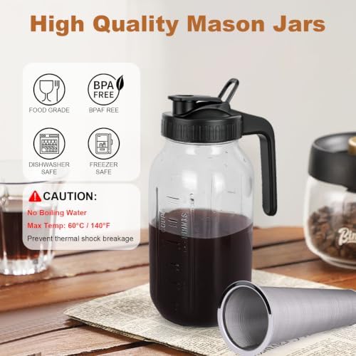 Cold Brew Coffee Maker,64 oz Mason Jar Pitcher with Stainless Steel Filter, Pour Spout Handle Lid, Heavy Duty Glass Airtight & Leak-Proof for Iced Coffee,Tea & Lemonade|B0CGWS1M51