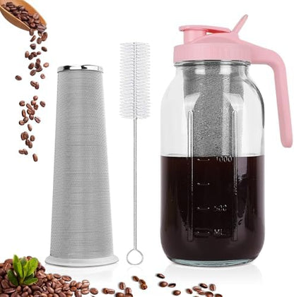 Cold Brew Coffee Maker,64 oz Mason Jar Pitcher with Stainless Steel Filter, Pour Spout Handle Lid, Heavy Duty Glass Airtight & Leak-Proof for Iced Coffee,Tea & Lemonade|B0CGWS1M51